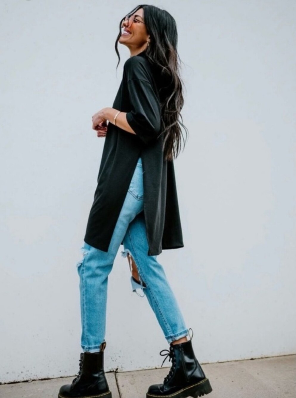 Dressed in Lala Icon Mock Neck Top in Black XL Side Slits Tunic